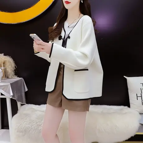 减10】小香风针织开衫女2023新款早秋宽松小个子百搭短款毛衣外套商品大图