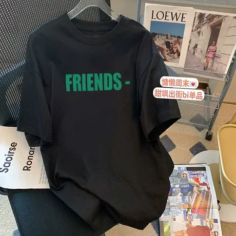 2022新款字母印花短袖t恤女纯棉中长款韩版宽松大码女装潮流上衣图片