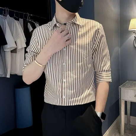 夏季男士衬衫修身中袖七分袖休闲发型师条纹衬衣百搭ins个性上衣商品大图