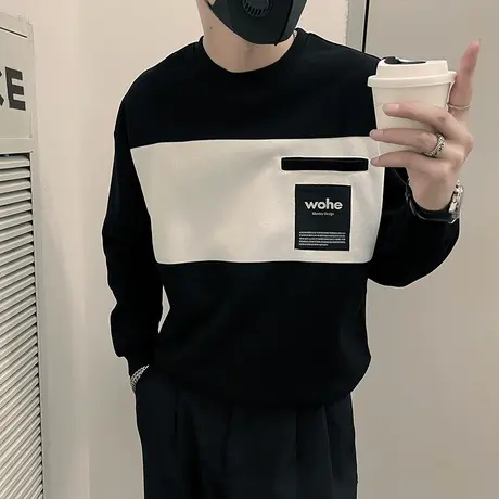 潮牌撞色拼接T恤卫衣春秋季圆领个性内搭长袖上衣打底衫休闲外套商品大图