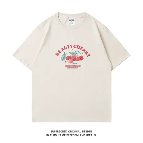 夏季趣味简约卡通樱桃短袖T恤男纯棉短袖ins港风情侣上衣半袖体恤商品大图