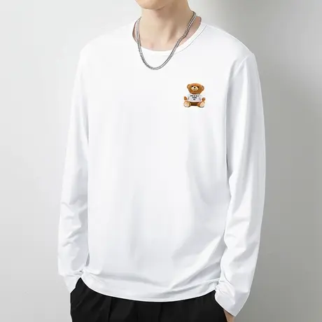 莫代尔白色t恤男长袖圆领上衣服潮流内搭秋衣小衫小熊印花打底衫商品大图