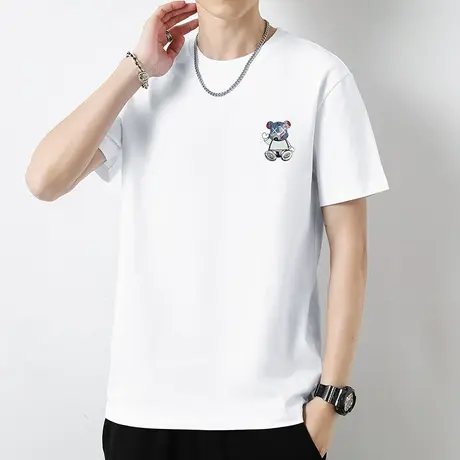 230g重磅纯棉短袖t恤男小熊夏季圆领白色液氨长绒棉100%全棉半袖图片