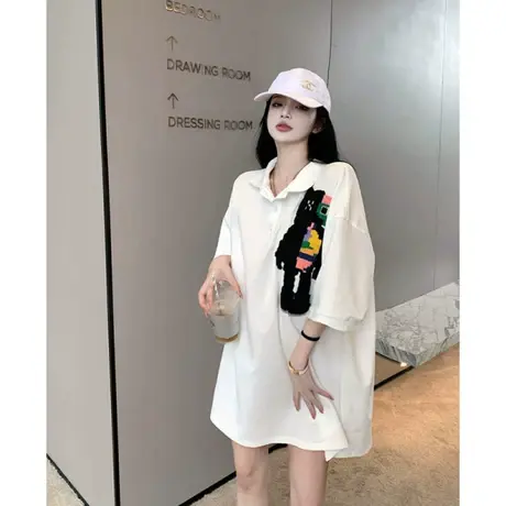 夏季大码女装胖mm减龄宽松遮肚显瘦洋气POLO领中长款短袖T恤上衣商品大图