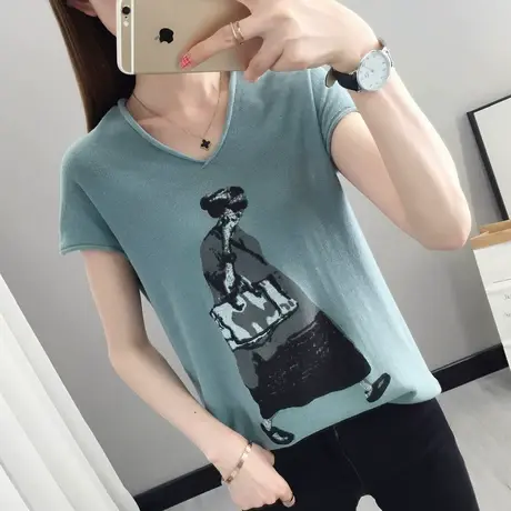 2025春装新款短袖女T恤针织V领纯色印花图案宽松打底上衣外穿薄款商品大图