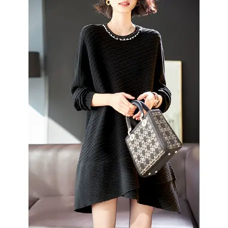 宝诗黎圆领钉珠中长羊毛衫女长袖套头毛衣2024春季新款洋气针织衫商品大图