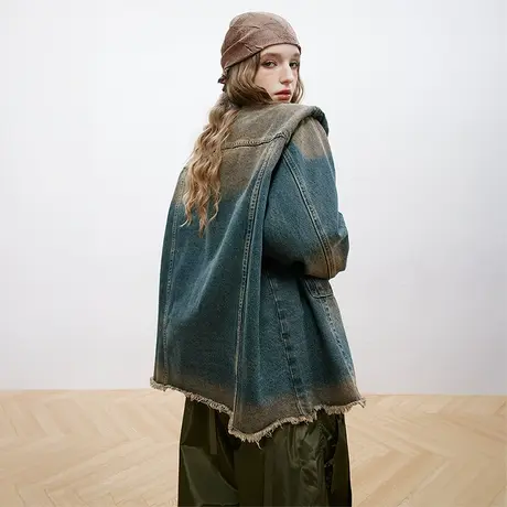 美式复古牛仔外套女春秋2024年新款小个子宽松夹克潮牌情侣装上衣商品大图