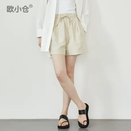 欧小仓 避暑系列 松紧腰棉麻双褶短裤ins博主a字花苞裤夏日五分裤商品大图