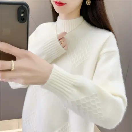 仿水貂绒毛衣女2023冬季新款宽松加厚针织打底衫半高领内搭上衣商品大图