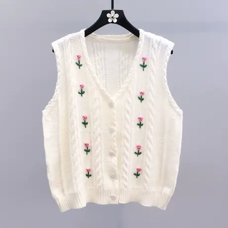 日系甜美刺绣花朵针织马甲女秋冬2023新款小个子外搭无袖毛衣背心图片
