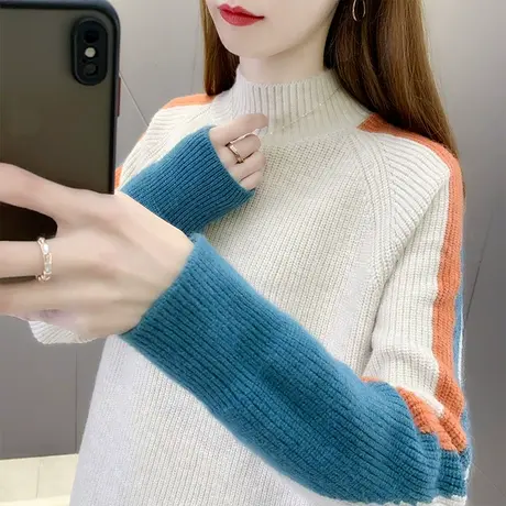 2023年秋冬女士半高领毛衣宽松拼色套头针织衫保暖百搭打底上衣女商品大图