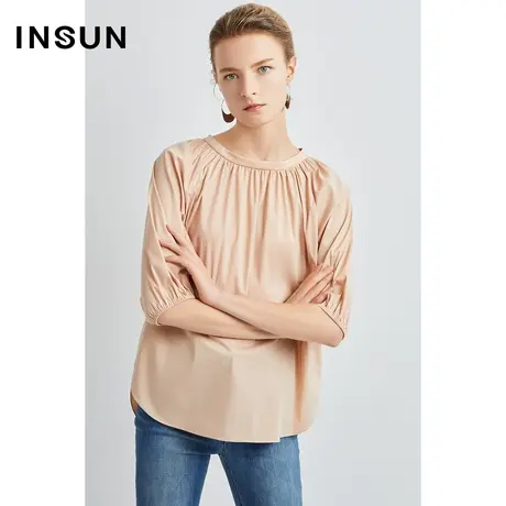 INSUN恩裳奥莱秋季棉质倒褶一字肩衬衫商品大图