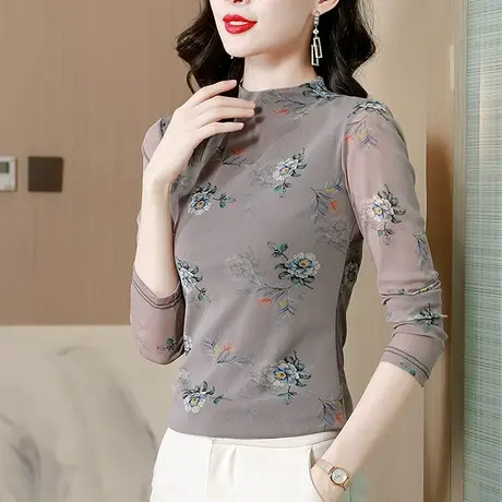 妈妈装减龄气质T恤女长袖秋冬加绒加厚打底衫内搭半高领网纱上衣商品大图