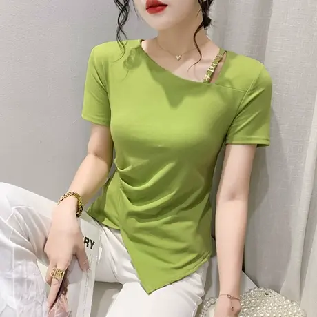 欧货开叉短袖T恤女2024夏季新款网红修身上衣不规则别致半袖小衫商品大图