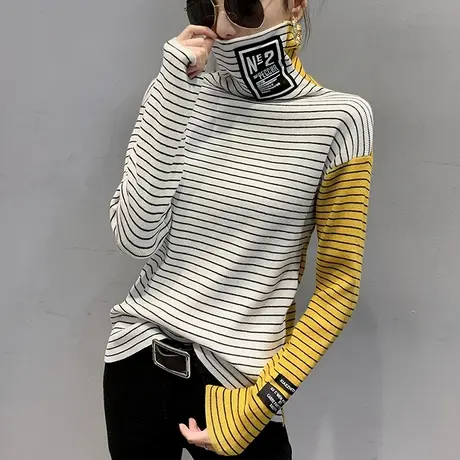 加绒加厚毛衣2023秋冬新款时尚堆堆高领针织衫女士宽松条纹打底衫商品大图