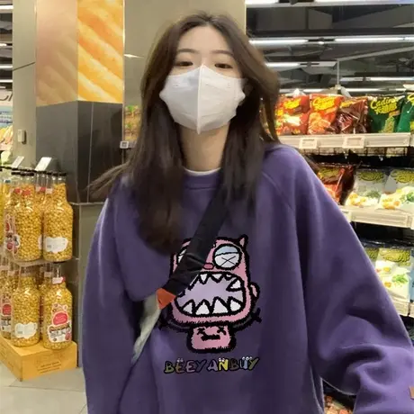 秋冬纯棉卫衣女圆领小个子宽松紫色上衣2024新款韩系慵懒风外套潮商品大图