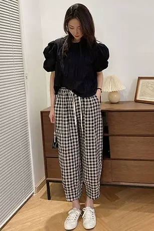 黑白格子裤女夏季薄款裤子高腰小个子八分直筒休闲女裤九分哈伦裤商品大图