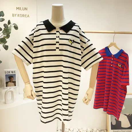 韩国东大门连衣裙潮夏季新款条纹卡通polo领短袖T恤裙中长款大码商品大图