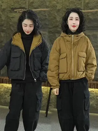 欧货新款女棉服撞色2023年冬季时尚洋气连帽外套宽松显瘦保暖上衣图片