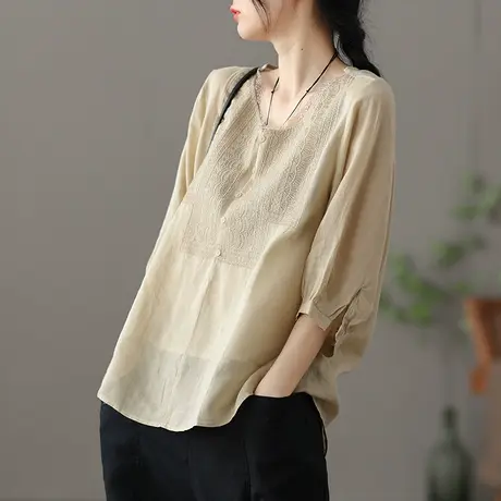dza 复古白色苎麻上衣女士短袖衬衫2022新款夏季宽松V领棉麻衬衣图片