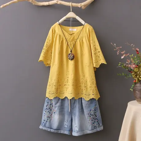 上衣女2024新款V领花边镂空短款套头短袖t恤女宽松纯棉打底衫女装图片