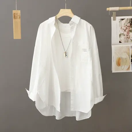 春秋纯棉白色衬衫薄外套女士长袖中长款宽松休闲上衣纯棉外搭衬衣图片