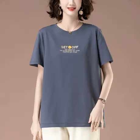 短袖t恤女夏季新款加肥加大码女装宽松中年妈妈刺绣纯棉显瘦体恤图片