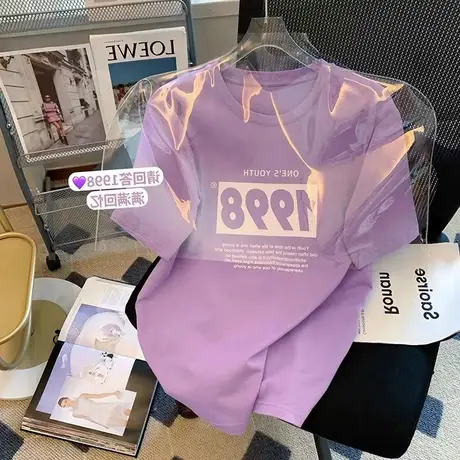 专柜撤柜~女装2022年夏季新款短袖港风宽松紫色印花t恤百搭上衣衫商品大图