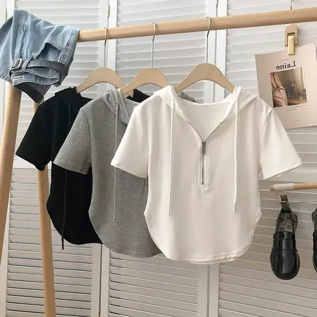 ins超火连帽短袖T恤女夏季修身显瘦百搭小众纯欲风短款半袖上衣潮商品大图