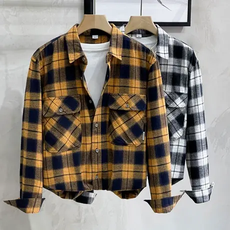 日系复古黑白格子衬衫男痞帅春秋磨毛百搭宽松潮流外穿长袖衬衣男商品大图