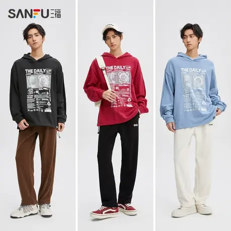 三福直播秒杀冬男士熊猫印花中性色卫衣 宽松连帽纯棉上衣男商品大图