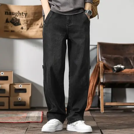 2023冬新款阔腿牛仔裤男士宽松直筒美式休闲长裤子大码黑色潮流胖商品大图