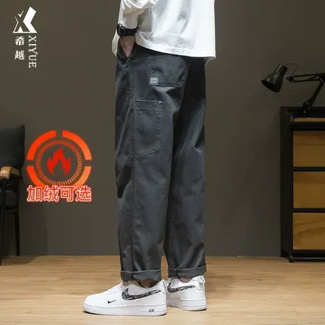 希越纯棉复古休闲裤男春季宽松大码ins春秋加绒加厚拼接直筒长裤商品大图