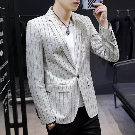青年韩版条纹西服男士春秋季西装上衣潮流修身小西装休闲百搭外套商品大图
