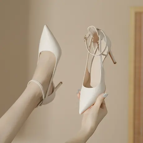 白色高跟鞋女细跟2024年新款秋季气质尖头水钻一字扣带尖头单鞋图片