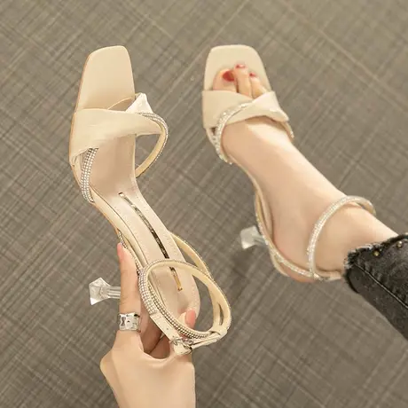 性感时装凉鞋女露趾2024年夏季新款仙女风一字扣带水钻高跟鞋细跟商品大图