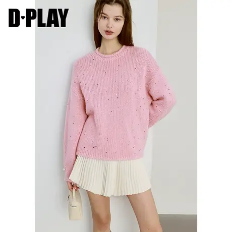 DPLAY春含羊毛混纺粉色短款圆领落肩细闪亮片针织套头毛衣商品大图