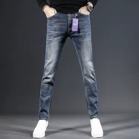 高端复古蓝牛仔裤男秋冬款2023新款修身小脚潮牌弹力休闲男士裤子商品大图