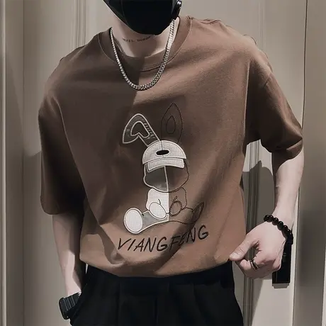 潮牌美式短袖男夏季拼接设计兔子体恤2023新款休闲刺绣半袖T恤商品大图