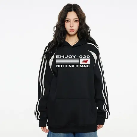 美式复古撞色拼接卫衣潮牌男潮春季加绒加厚连帽宽松潮流情侣外套商品大图