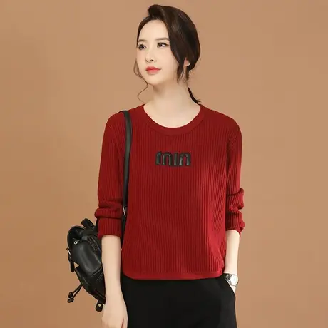 韩潮袭人圆领刺绣长袖毛衣女2024春季新款休闲红色针织衫上衣商品大图
