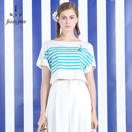 淑女屋夏装新款条纹刺绣短袖针织T恤短款女装上衣商品大图