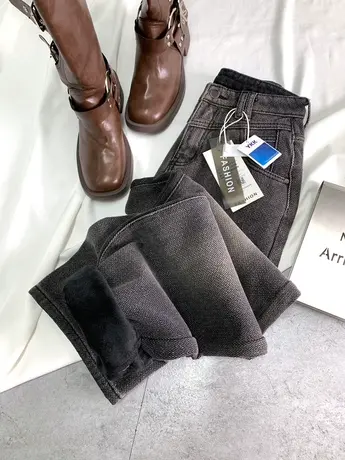 加绒加厚牛仔直筒裤女2023冬季新款美式复古高腰纹理面料阔腿长裤商品大图