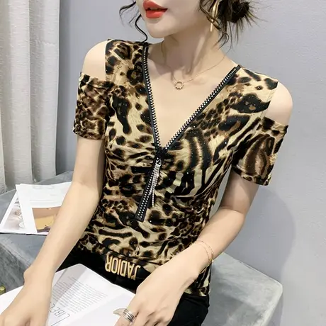 拉链V领T恤女短袖夏性感豹纹露肩上衣洋气显瘦网纱丅恤半袖ins潮图片