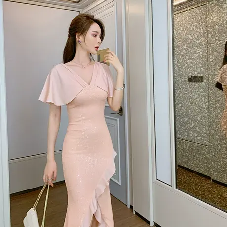 礼服裙女平时可穿宴会气质荷叶袖连衣裙法式名媛轻奢开叉鱼尾裙子商品大图