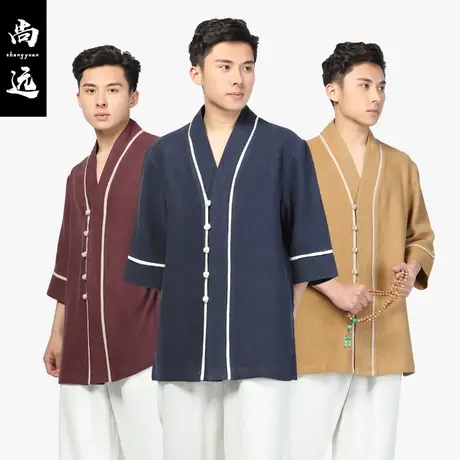 尚远春夏苎麻五粒扣唐装短袖上衣禅意汉服中国风衬衫禅修服居士服图片