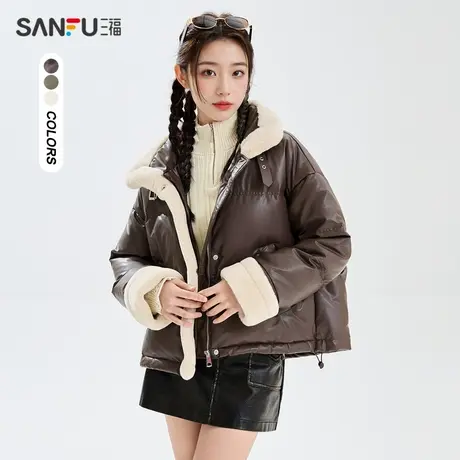三福羽绒服2023冬皮扣立领毛绒拼接袖保暖外套上衣女装826332商品大图