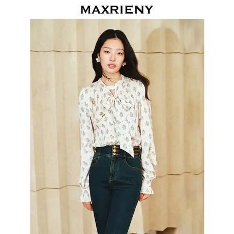 MAXRIENY精致浪漫风绑带玫瑰印花衬衫薄荷曼波风穿搭修身显瘦上衣商品大图