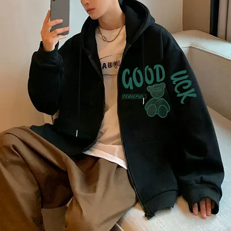 潮牌卫衣外套男秋冬季2023新款运动美式重磅情侣连帽开衫大码上衣商品大图