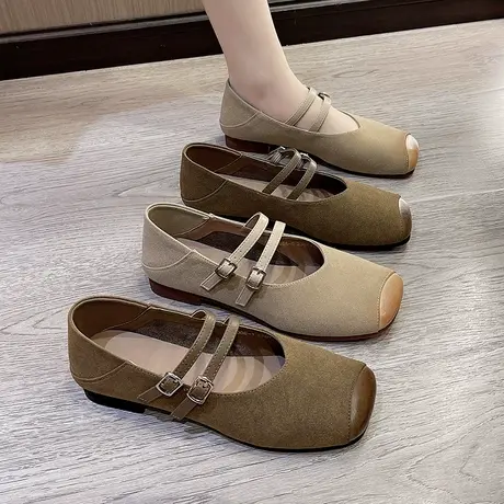 2024年春秋新款方头玛丽珍单鞋软底平底拼接一字带舒适软皮单鞋女商品大图